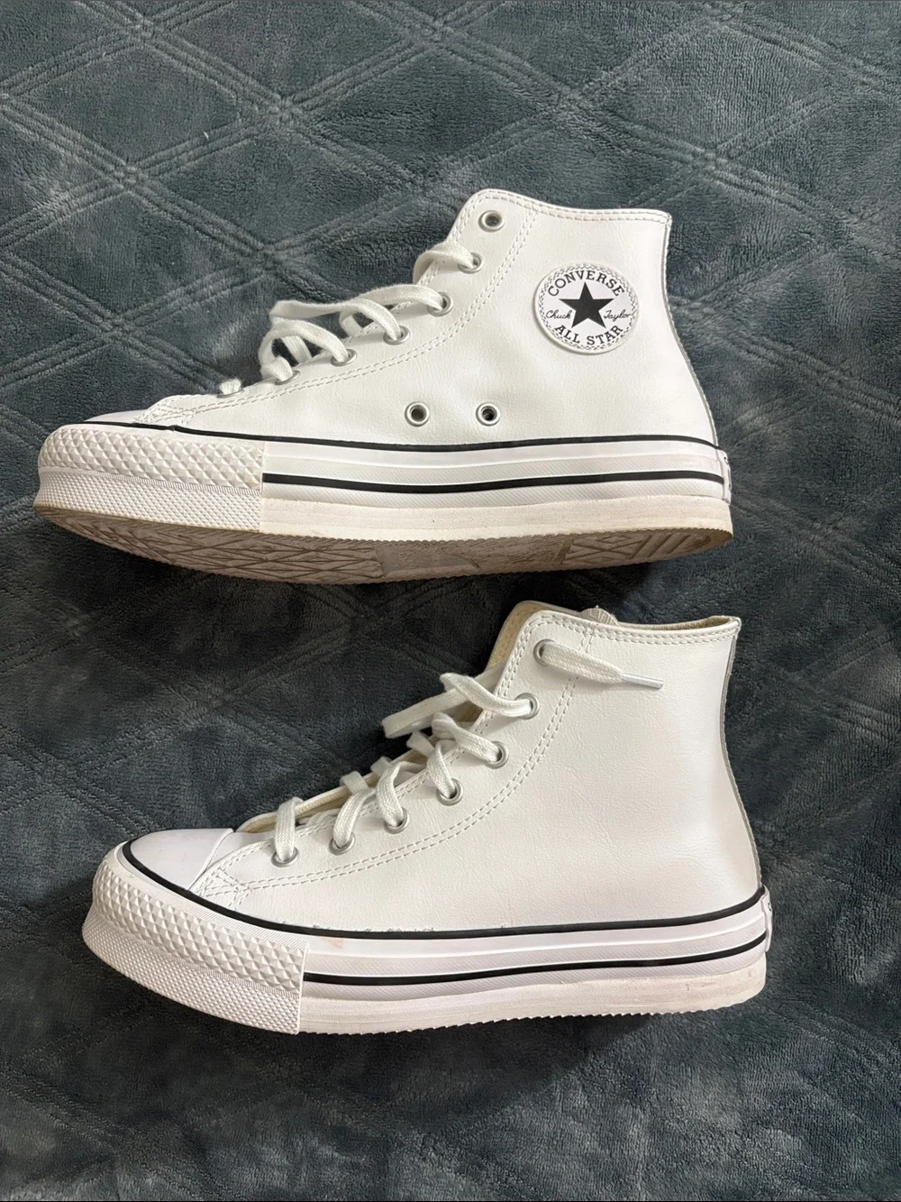 Converse White High-Top Leather Sneakers with Black Stripe